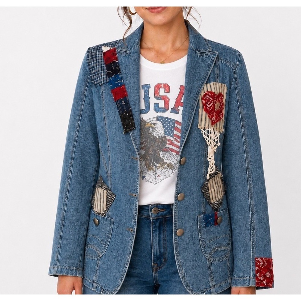 Upcycled Denim Jacket Appliqué Doilies Red White Blue Americana Patriotic 1XL